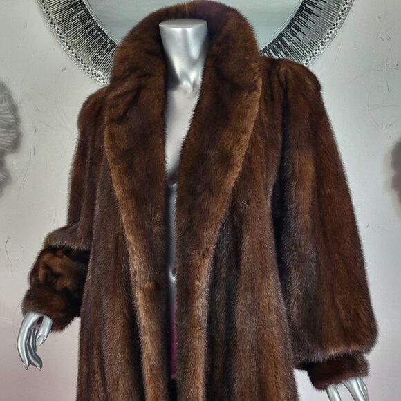 VINTAGE~PLUS 1X/2X~RANCH BROWN MAHOGANY GENUINE REAL FULL LENGTH MINK FUR COAT - Picture 2 of 16
